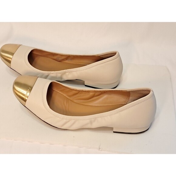 Calvin Klein Fiana Leather Ballet Flats Beige With Gold Cap Toe Slip On Size 8.5 - Picture 4 of 10